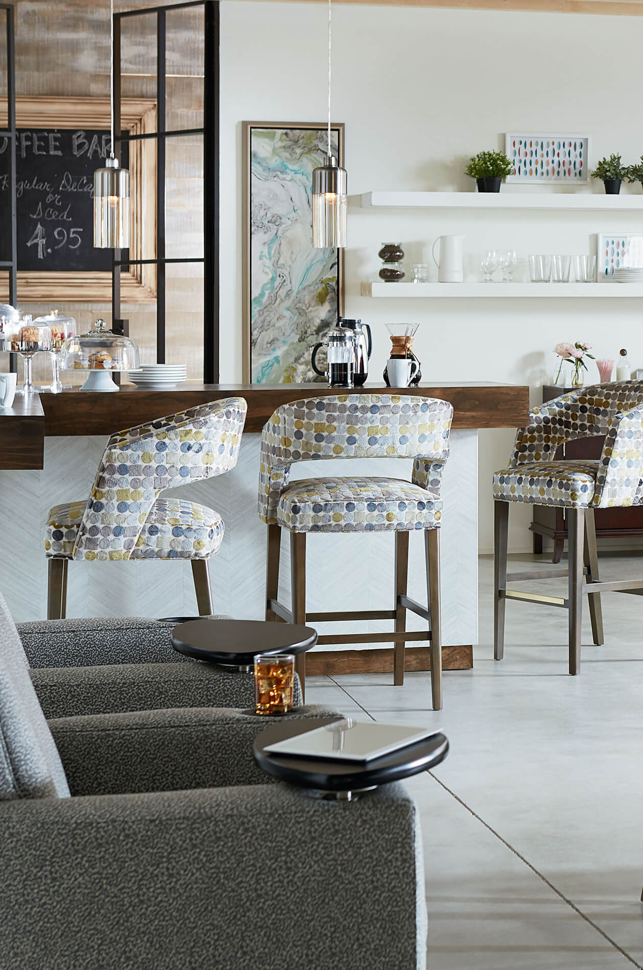 Fairfield's Bryant Wooden Barstools with Colorful Upholstery Pattern