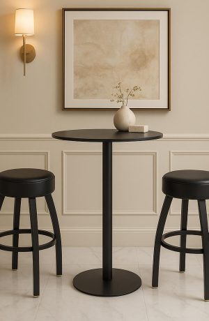 Holland's Black Table with Pedestal with Black Backless Bar Stools in Dining Space