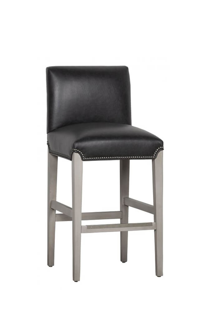 Modern Upholstered Wood Counter Stool, Leather Nailhead Bar Stools With Back