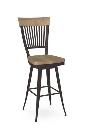 Amisco's Annabelle Country Swivel Metal Bar Stool in Brown with Vertical Slats on Back and Wood Seat