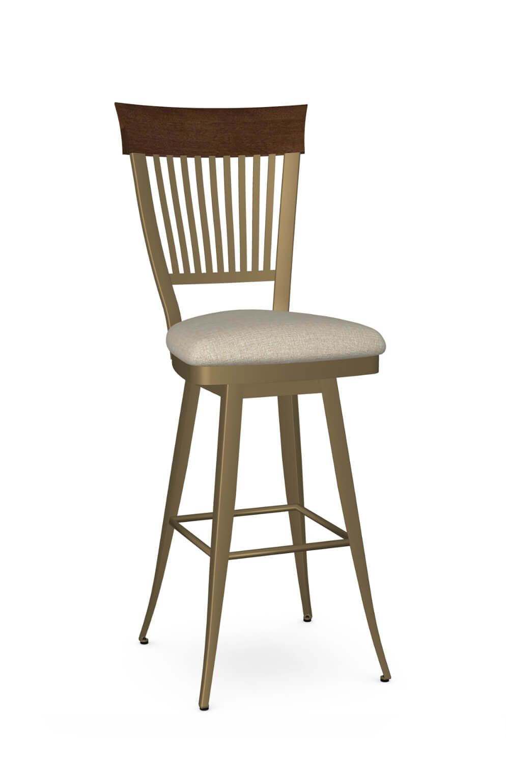 Amisco's Annabelle Gold Swivel Bar Stool with Cherry Wood Back and Light Tan Fabric Seat