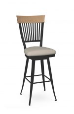 Amisco's Annabelle Traditional Swivel Bar Stool with Wood Back Accent, Seat Cushion, and Black Metal Frame
