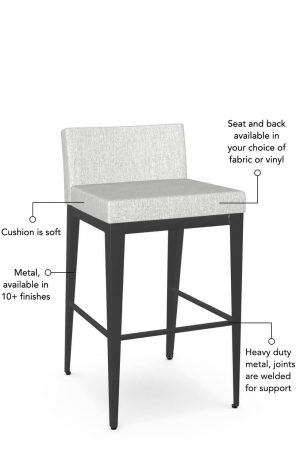 Soft seat and back cushion is available in fabric or vinyl, and the metal is welded at the joints for support. This bar stool is custom made for you!