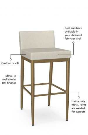 Soft seat and back cushion is available in fabric or vinyl and the metal is welded at the joints for support. This bar stool is custom made for you!