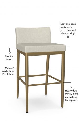 Soft seat and back cushion is available in fabric or vinyl and the metal is welded at the joints for support. This bar stool is custom made for you!