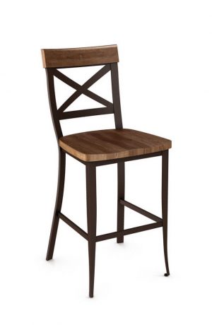 Amisco's Kyle Stationary Metal Bar Stool with Cross Back Design and Distressed Wood Seat