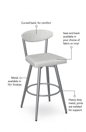 Seat and back cushion is available in fabric or vinyl and the metal is welded at the joints for support. This bar stool is custom made for you!