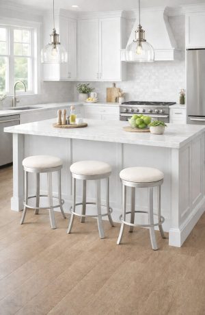 Wesley Allen's Bali Backless Silver Swivel Counter Stools in White Kitchen