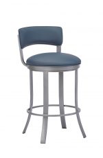 Wesley Allen's Bali Modern Silver Low Back Bar Stool with Blue Seat Back Cushion