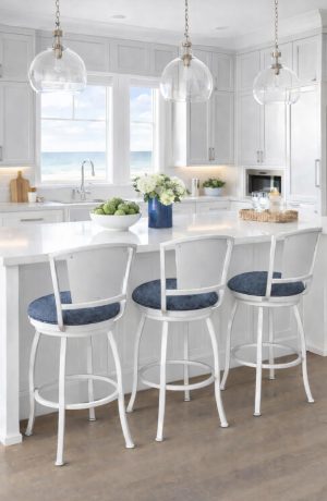 Wesley Allen's Berkeley White Swivel Counter Stools in a White Modern Kitchen