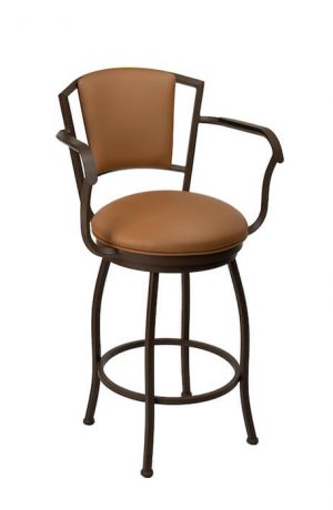 Wesley Allen's Boise Swivel Upholstered Bar Stool with Arms in Expresso Finish and Saddle Color Vinyl