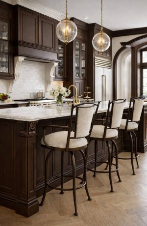 Wesley Allen's Durham Elegant Brown Swivel Counter Stools with Arms at the Kitchen Island