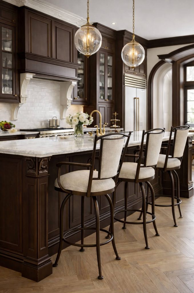 Wesley Allen's Durham Elegant Brown Swivel Counter Stools with Arms at the Kitchen Island