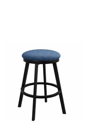 Wesley Allen's Edmonton Black Backless Swivel Bar Stool with Blue Fabric