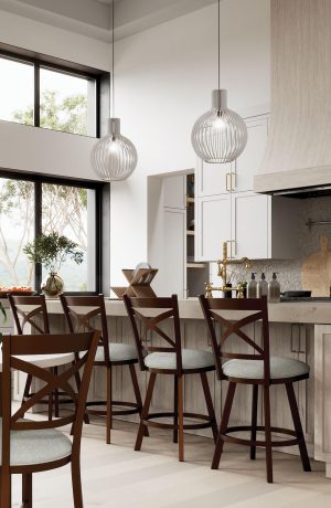 Wesley Allen's Edmonton Bronze Metal Swivel Bar Stools in Large Kitchen