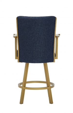 Wesley Allen's Humphrey Tilt Swivel Bar Stool in Gold Metal Finish and Blue Seat Cushion with Arms - Back View