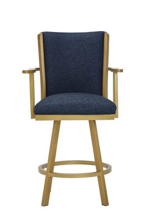 Wesley Allen's Humphrey Tilt Swivel Bar Stool in Gold Metal Finish and Blue Seat Cushion with Arms - Front View