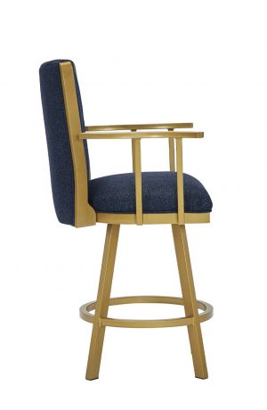 Wesley Allen's Humphrey Tilt Swivel Bar Stool in Gold Metal Finish and Blue Seat Cushion with Arms - Side View