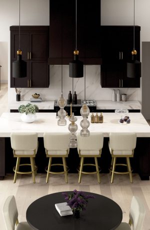 Wesley Allen's Miami Gold Metal Swivel Bar Stools in Modern Brown White Kitchen