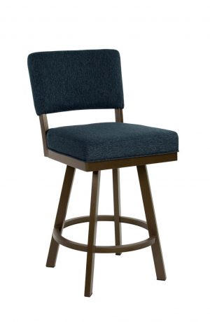 Wesley Allen's Miami Upholstered Swivel Bar Stool in Expresso Metal and Blue Cushion