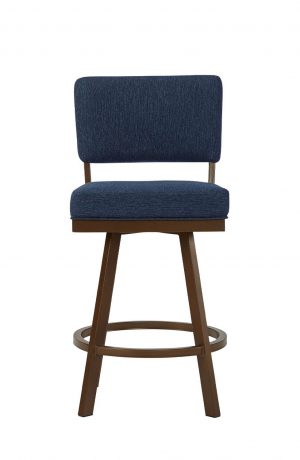Wesley Allen's Miami Upholstered Swivel Bar Stool in Expresso Metal and Blue Cushion - Front View