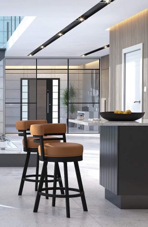 Wesley Allen's Miramar Swivel Bar Stools with Low Curved Back in Modern Kitchen Home