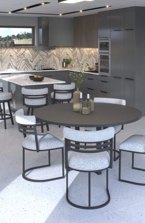 Wesley Allen's Open Concept Space with Miramar Swivel Bar Stools and Dining Chairs