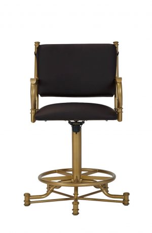 Wesley Allen's Portland Gold Tilt Swivel Bar Stool with Arms and Black Cushion - Front View