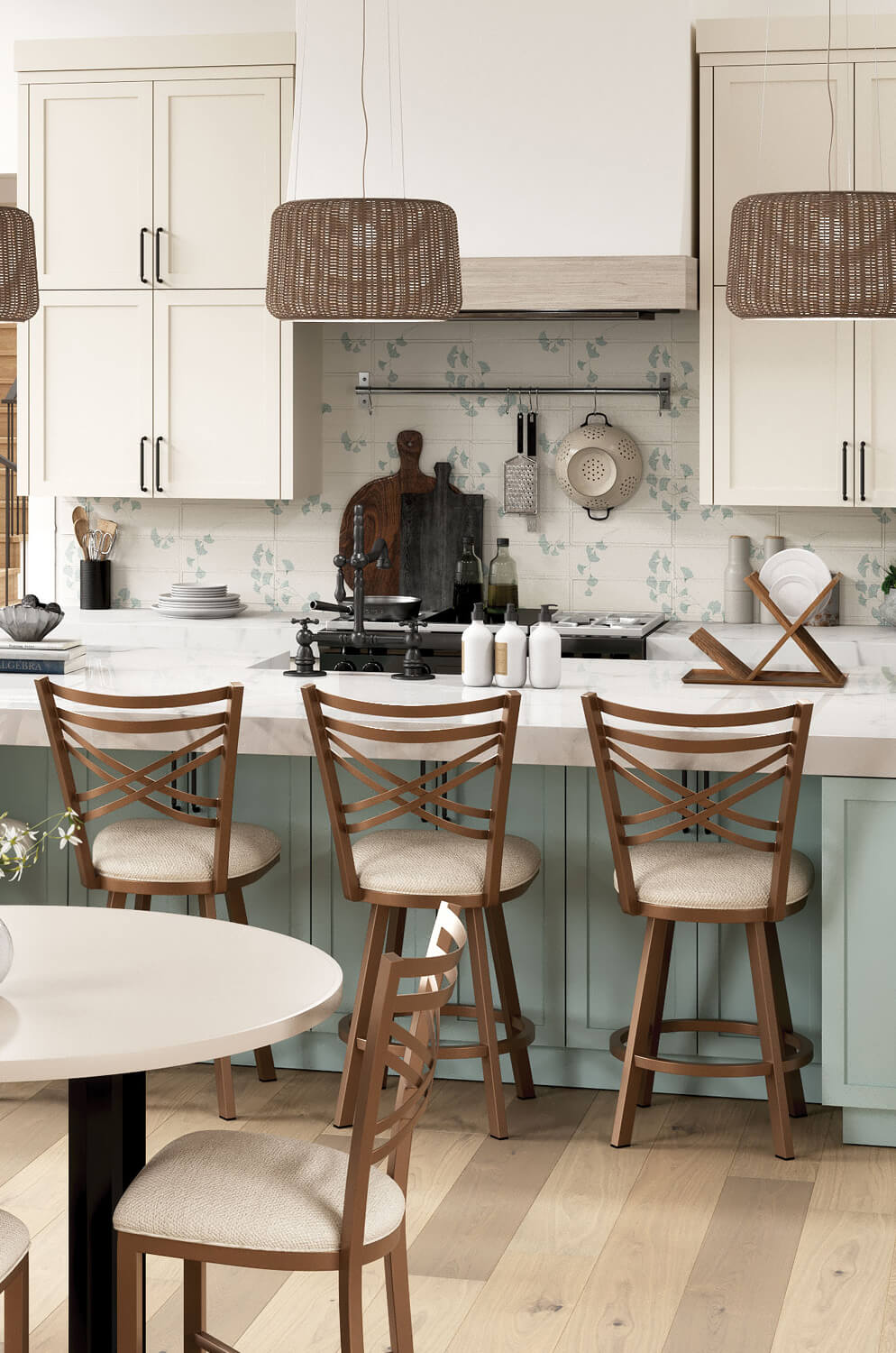 Wesley Allen's Raleigh Bronze Swivel Bar Stools with X Back in Transitional Kitchen