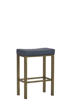 Wesley Allen's Seattle Backless Saddle Stool in Brass Bisque Metal Finish with Blue Vinyl Cushion