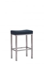 Wesley Allen's Seattle Brushed Silver Stainless Steel Backless Saddle Bar Stool with Blue Seat Cushion