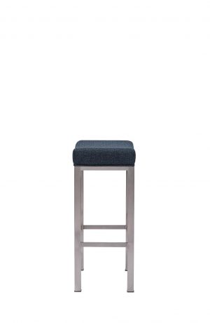 Wesley Allen's Seattle Brushed Silver Stainless Steel Backless Saddle Bar Stool with Blue Seat Cushion - Side View