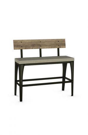 Amisco's Architect Industrial Barstool Bench with Distressed Wood Back and Seat Cushion, Metal Legs