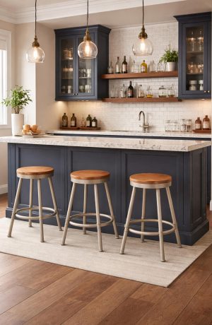 Trica's Sal Taupe Backless Swivel Bar Stools in Blue and White Home Bar