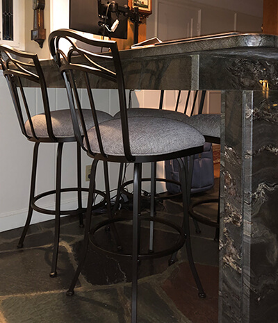 Callee's Berkeley Swivel Bar Stool in Pebblestone metal finish and Gray fabric seat cushion, with Tall backrest