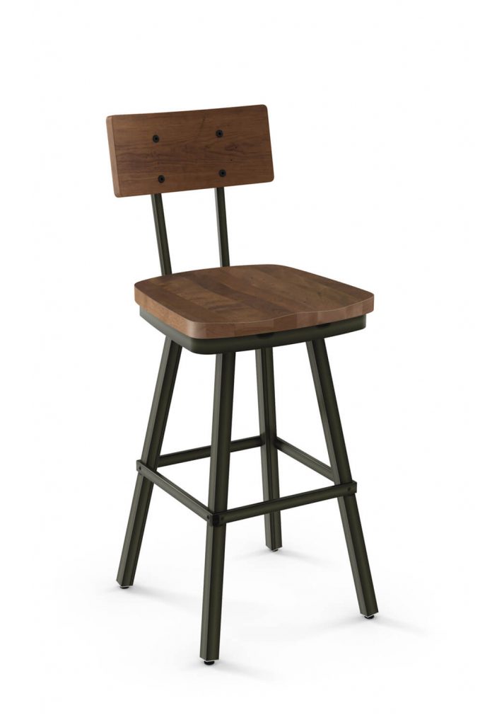 Amisco's Jetson Swivel Bar Stool with Distressed Wood Back and Wood Seat and Metal Frame