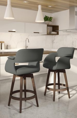 Amisco's Joshua Upholstered Big Swivel Barstools (shown in brown and gray) - In Ultra Modern Bright White Kitchen