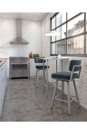 Amisco's Phoebe Padded Swivel Metal Bar Stools with Back - Shown in Small White Modern Kitchen
