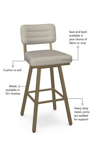 Soft seat and back cushion is available in fabric or vinyl and the metal is welded at the joints for support. This bar stool is custom made for you!