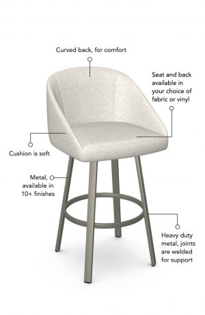 Soft seat and back cushion is available in fabric or vinyl and the metal is welded at the joints for support. This bar stool is custom made for you!