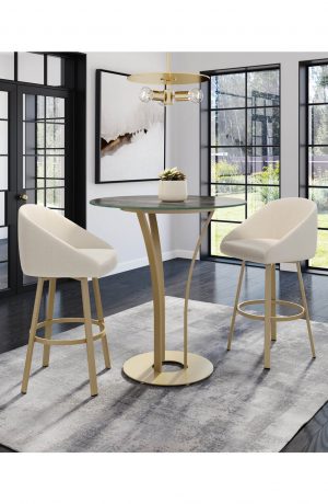 Amisco's Wembley Upholstered Swivel Barstools in Modern Dining Room with Pub Table, shown in Gold