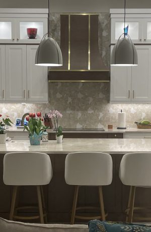 Amisco's Wembley Ultra Modern Gold Bar Stools with Low Back in Customer Kitchen