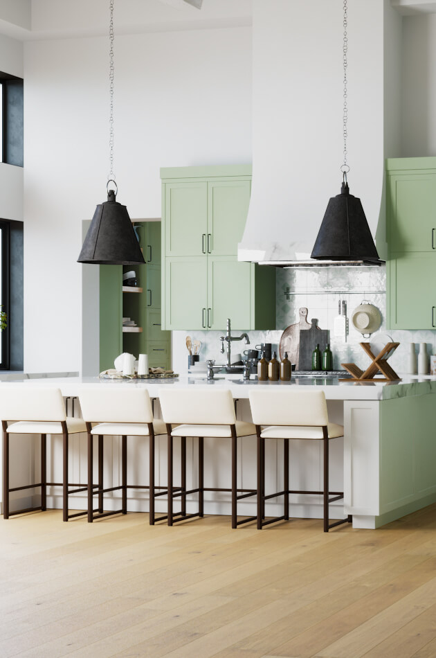 Wesley Allen's Franklin Modern Low Back Bar Stools in Green, White, and Cream Kitchen