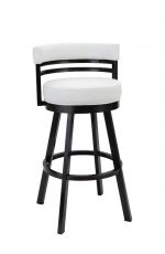 Wesley Allen's Miramar Swivel Barstool with Low Back in Black Stainless Steel Metal Finish and White Upholstery