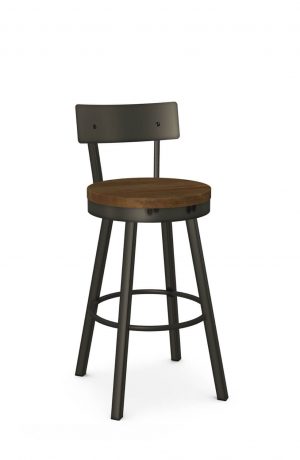 Amisco's Lauren Dark Brown Metal Swivel Bar Stool with Low Back and Toasty Wood Seat