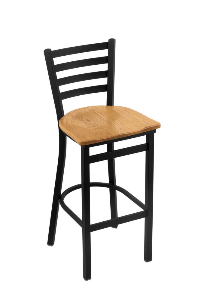 Holland's Jackie #400 Stationary Barstool with Back in Black Metal Finish and Medium Oak Seat Wood Finish