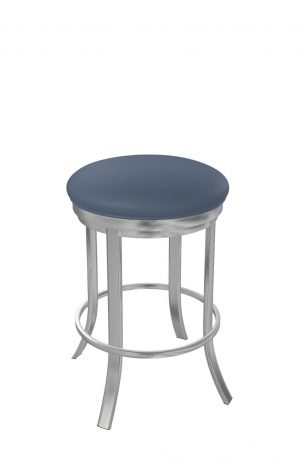 Wesley Allen's Bali Stainless Steel Round Backless Swivel Bar Stool with Blue Seat Cushion