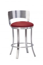 Wesley Allen's Baltimore Stainless Steel Swivel Bar Stool with Low Back and Red Seat Cushion