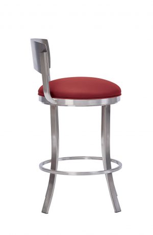 Wesley Allen's Baltimore Stainless Steel Swivel Bar Stool with Low Back and Red Seat Cushion - Side View