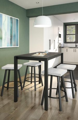 Amisco's Anders Backless Swivel Square Bar Stools in Black Metal Finish and Off-White Seat Cushion in Modern Dining Space with Pub Table
